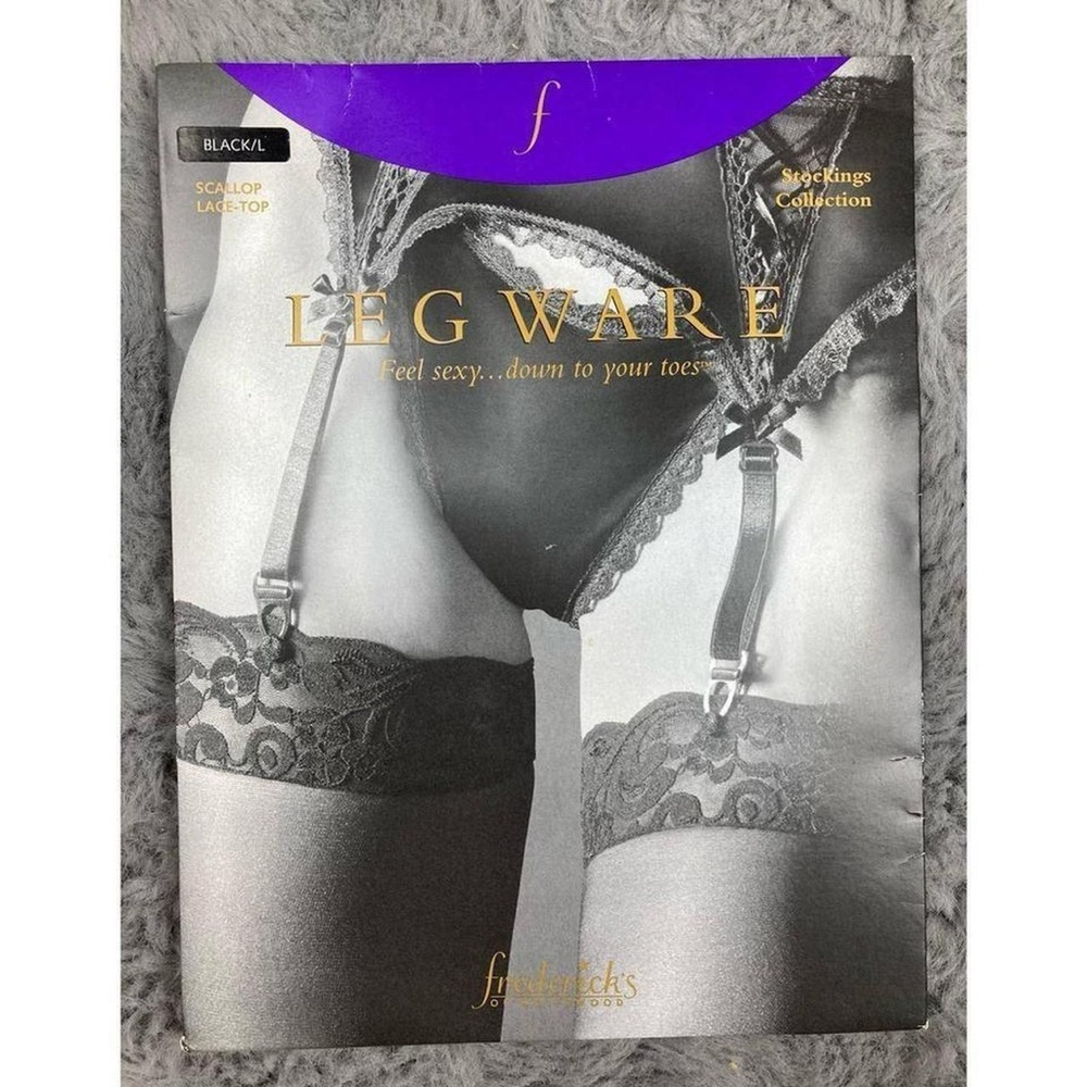 Vintage 90s Frederick’s of Hollywood Black Lace Thigh High Stockings Scallop Top